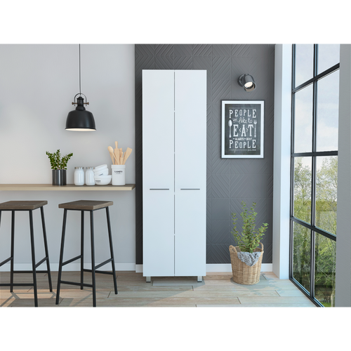 White Pantry Cabinet with 5 Interior Shelves and 4 Legs