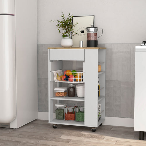 Kitchen Cart with Drawer and Shelves, White and Light Oak