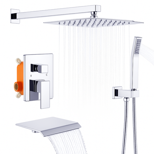 Chrome Rain Shower System 10" Square Head Handheld Tub Spout