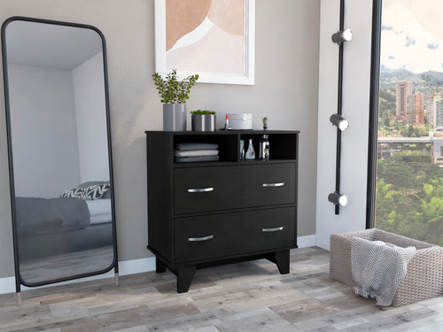 Black Two Drawer Dresser with Open Shelves