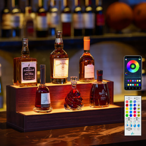 LED Lighted Liquor Bottle Display Shelf 20 Inch Walnut