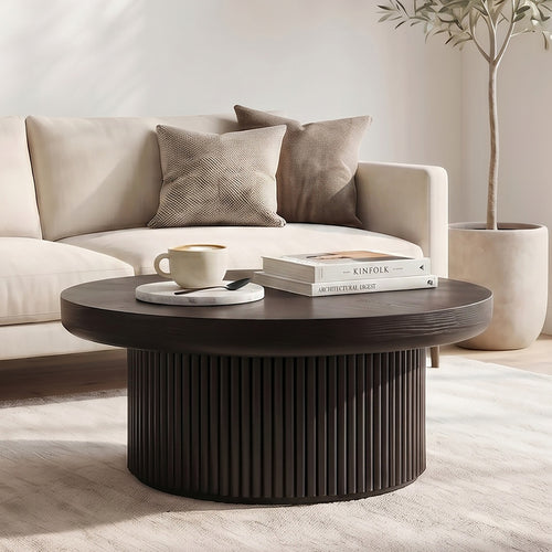 33.5" Round Fluted Wood Parquet Coffee Table Mid-Century Modern