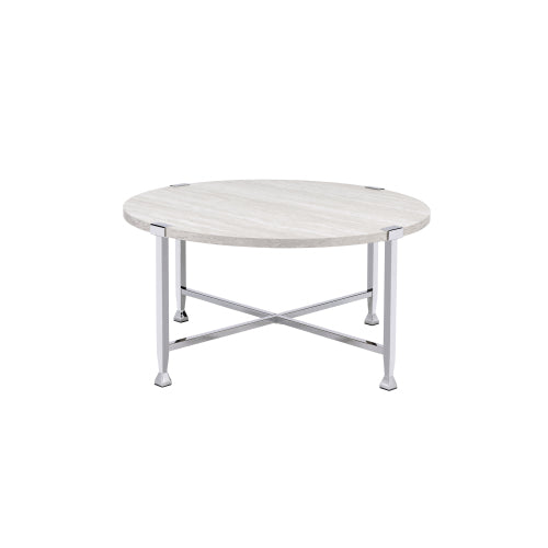 Round Coffee Table - White Oak and Chrome Finish - Metal X-Frame
