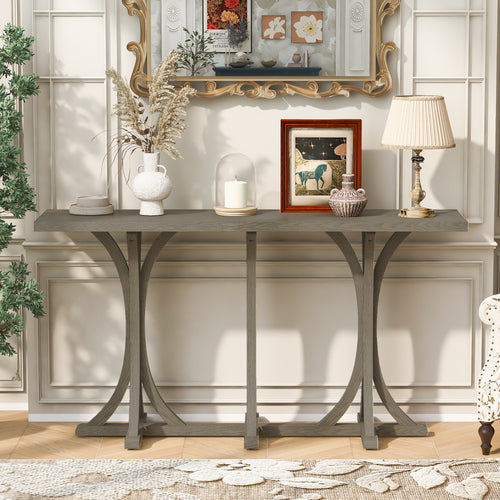 59.8" Wooden Console Table, Oak Veneer, Farmhouse Curved Legs
