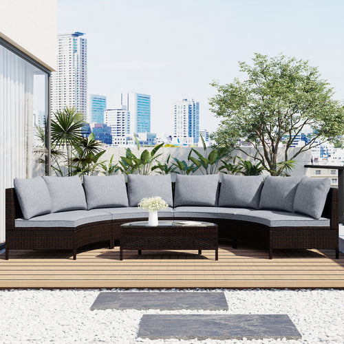 Outdoor Sectional Set PE Rattan Steel Gray Half Moon 5 Piece 350 LB