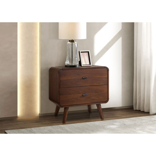Nightstand Mid-Century Modern Dark Walnut 2-Drawer Gunmetal Hardware 27 In