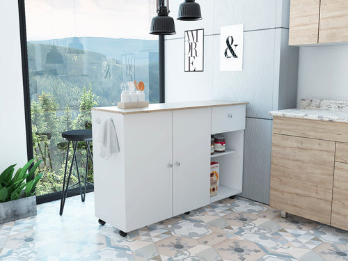 Kitchen Island Cart with 4 Shelves and Drawer, White/Light Oak