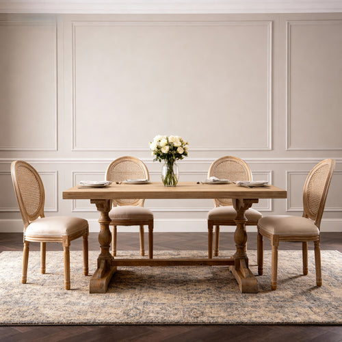 French Style Solid Wood Linen Fabric Rattan Back Dining Chair, Set of 2, Beige