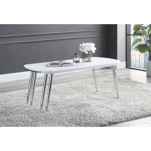Coffee Table - Modern High Gloss - White & Chrome - Pull-Out Tabletop