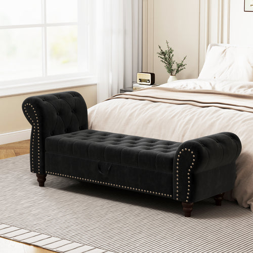 64.5 in Tufted Chaise Lounge Bench with Storage, Velvet Upholstery, Black
