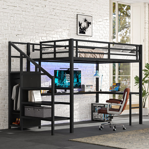 Full Size Loft Bed with L-Shaped Desk and LED, Black