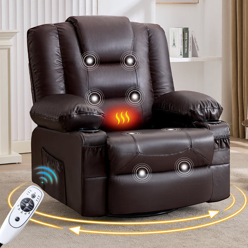 Brown Massage Heat Recliner Chair with Swivel and Cup