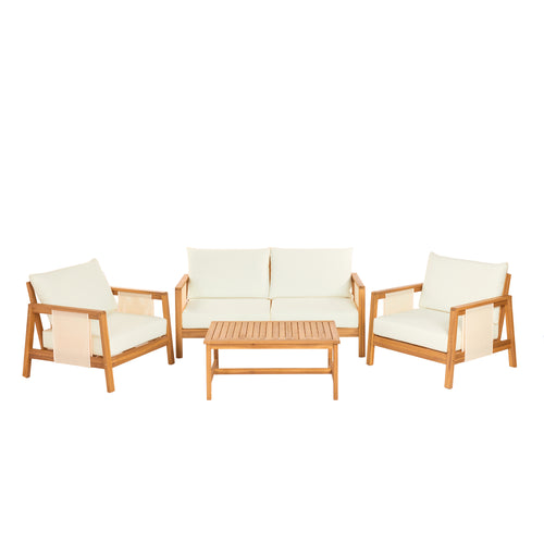 Outdoor Sofa Set Acacia Wood Textilene Teak Beige 4 Piece Seats 4