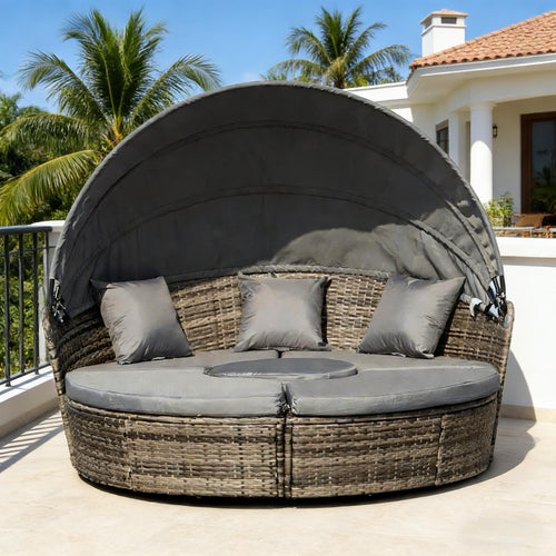 Outdoor Round Daybed Set PE Rattan Dark Gray 4 Piece Canopy 352 lb Cap
