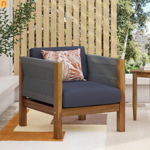 Outdoor Club Chair Acacia Wood Rattan Rope Teak 27.25in