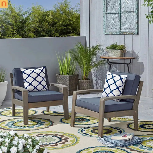 Outdoor Club Chair Acacia Wood Slat Panel Gray Cushion Set of 2
