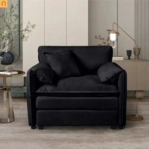 Accent Chair Deep Seat Chenille Black Square Arms Pillow