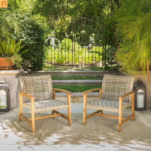 Outdoor Club Chair Set Acacia Wood Wicker Natural Gray Set of 2