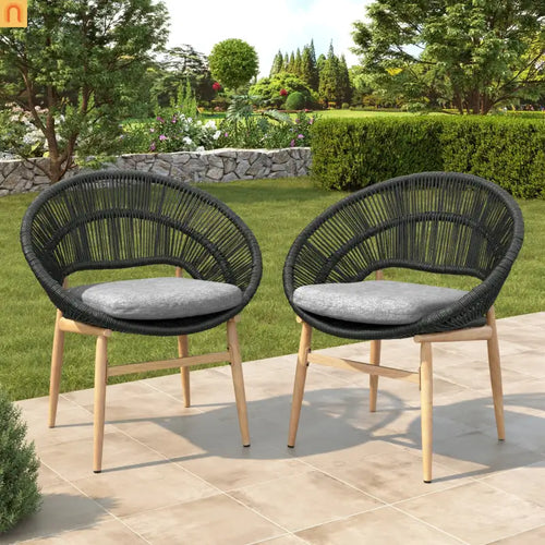 Outdoor Dining Chair PE Rattan Wicker Dark Gray Teak Legs Set of 2