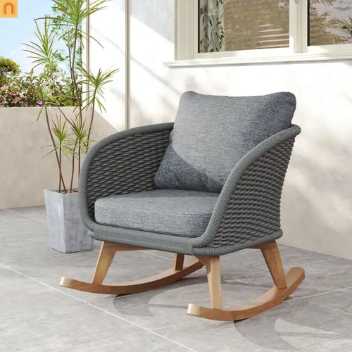 Outdoor Rocking Chair Rope Wood Frame Gray Cushion 29.5in Wide