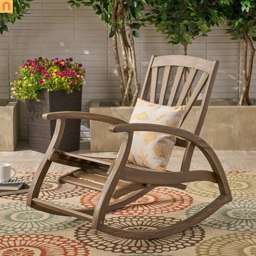 Outdoor Rocking Recliner Acacia Wood Gray Retractable Footrest 400 lb