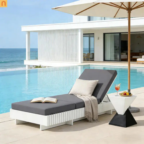 Chaise Lounge Acacia Wood White Dark Gray Cushion 6 Position 400 LB