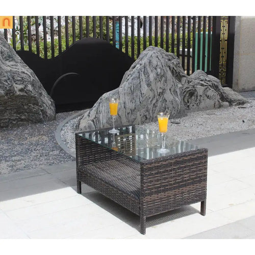 Outdoor Coffee Table PE Rattan Brown Iron Tempered Glass 34.6x20.5in