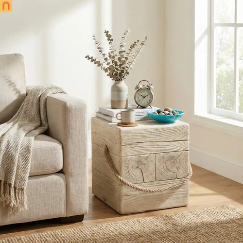 Outdoor Side Table MGO Wood Grain Braided Cord Square Retro 14.76x17in