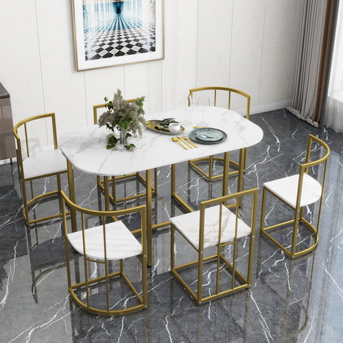 Modern 7-Piece Dining Table Set with Faux Marble Compact 55 In Kitchen Table