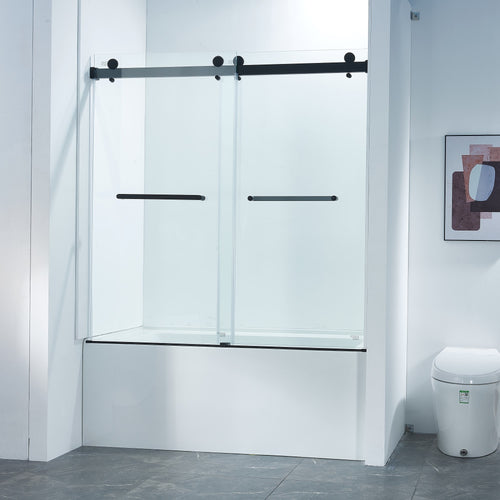 56-60in W x 60in H Frameless Double Sliding Tub Shower Door, Matte Black, 8mm