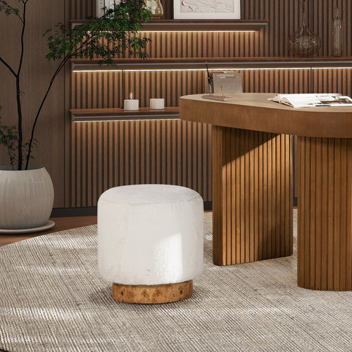 Round Faux Fur Pouf Ottoman, 16.5" Cottontail White
