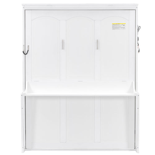 Modern White Queen Size Murphy Bed with Desk, LED Lights, and USB Charging Station - MDF & Plywood