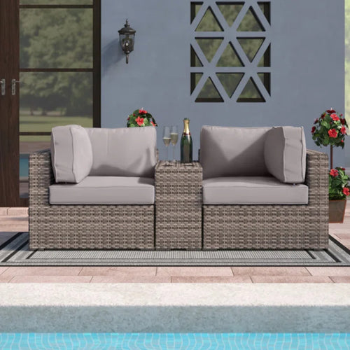 Outdoor Loveseat Set Gray Wicker 3 Piece Cupholder