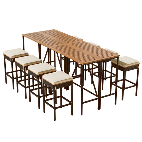 10-Piece Acacia Wood Outdoor Bar Height Dining Set with Stools