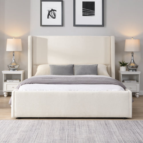 Elegant White Fabric Upholstered Queen Bed with Tall Headboard