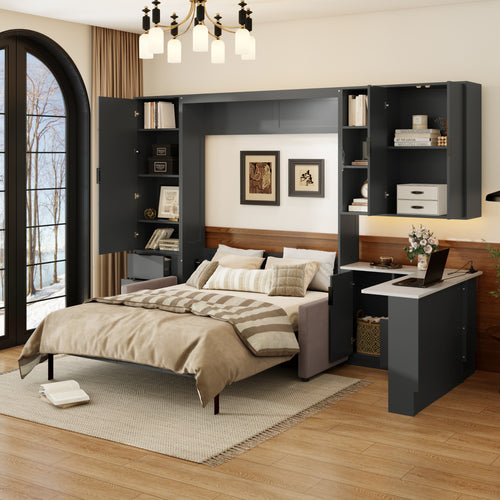Queen Wall Murphy Bed with Hydraulic Storage, Sofa, Shelves & Drawers, LED/USB Lighting, Dark Gray Panel, Beige Sofa(OLD SKU:LP000392AAE)