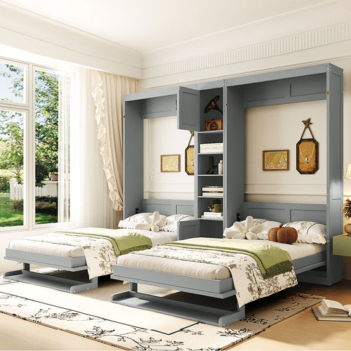 Dual Twin size Wall Murphy Beds with Cabinets and Shelves, Gray(OLD SKU:N820S00058E)