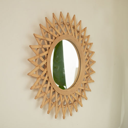Wall Mirror Round Bamboo Hemp Rope Diamond Pattern Natural Boho 23.6 In