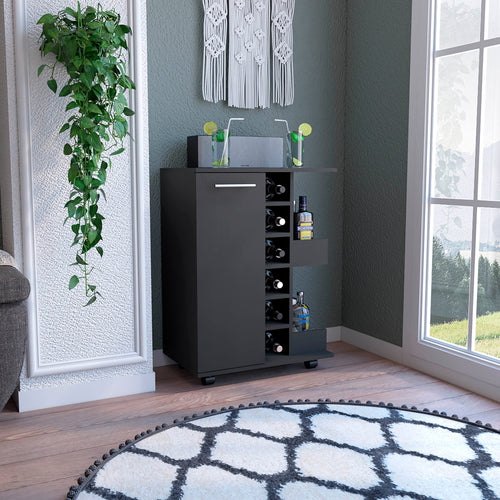 Black Bar Cart with Wine Rack and Cabinet Door