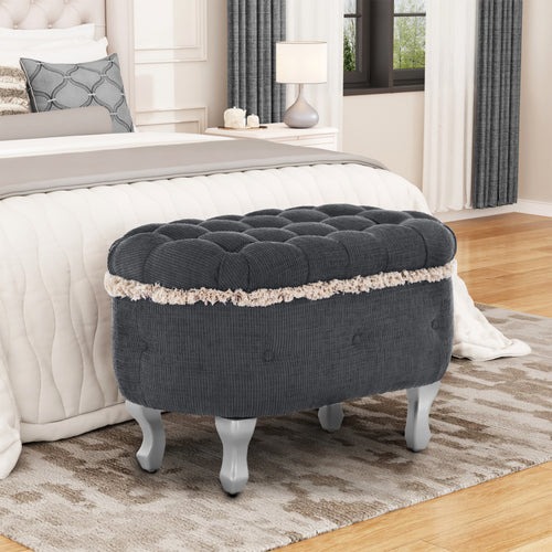 Storage Bench Tufted Gray Fabric Tassel Trim Flip Top 29.5x17.8x19 In