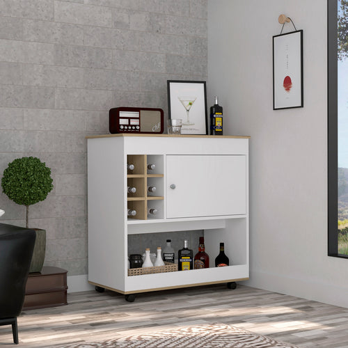 Camelia Light Oak White Bar Cart with Cabinet