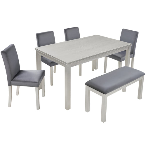 6 Person Wooden Dining Table Set with 4 Chairs and Bench