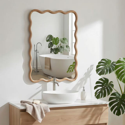 20"x30" Wavy Rectangle Natural Wood Frame Decorative Mirror