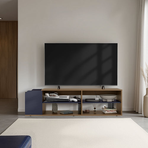Natural Oak Blue TV Stand with Open Shelves