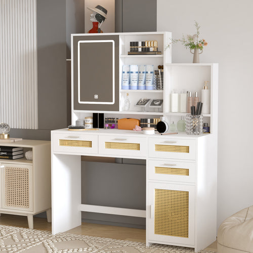 Vanity Desk with Lights, Mirror & 4 Drawers, Rattan