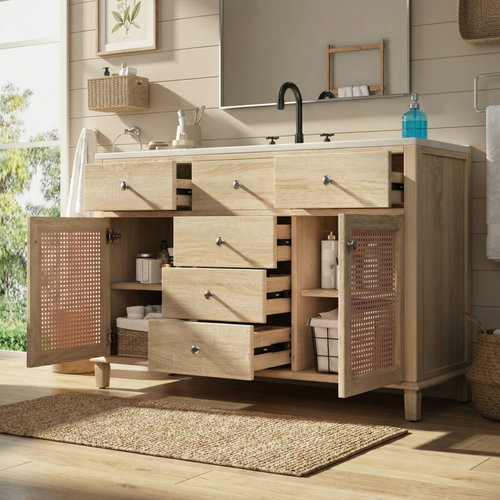 48" Natural Rattan Bathroom Vanity with 5 Drawers & Ceramic Sink