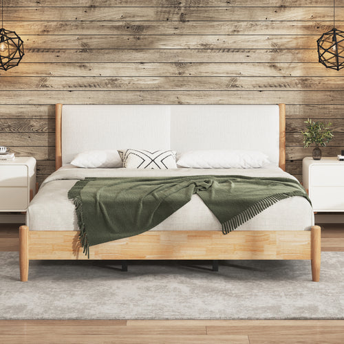 King Natural Wood Bed Frame White Upholstered Headboard