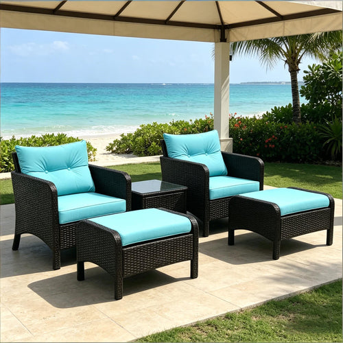Outdoor Conversation Set PE Rattan Blue Brown 5 Piece 2 Chairs Footstools