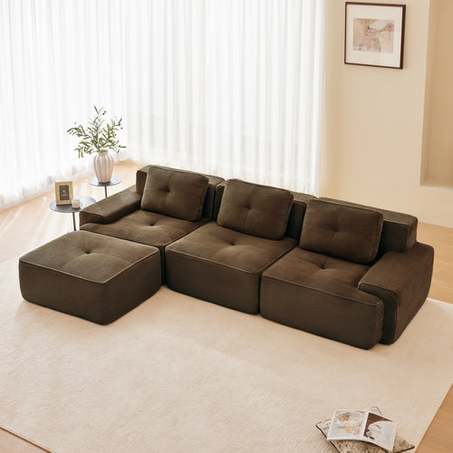 Sectional Sofa L-Shape Corduroy Brown 3 Seat Modular with Ottoman
