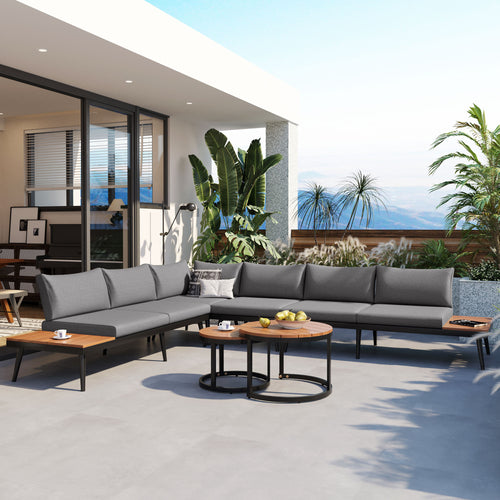 Outdoor Sectional Set Acacia Wood Steel Gray with Nesting Tables